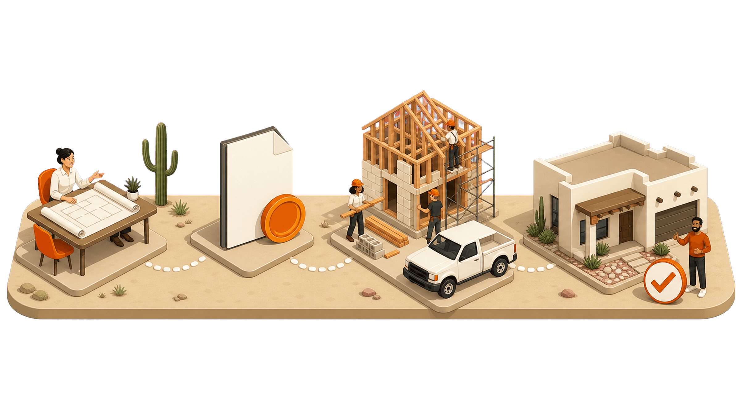 Desert Wolf Developers process — plan and consult, permit and finance, build with the crew, then a finished handoff